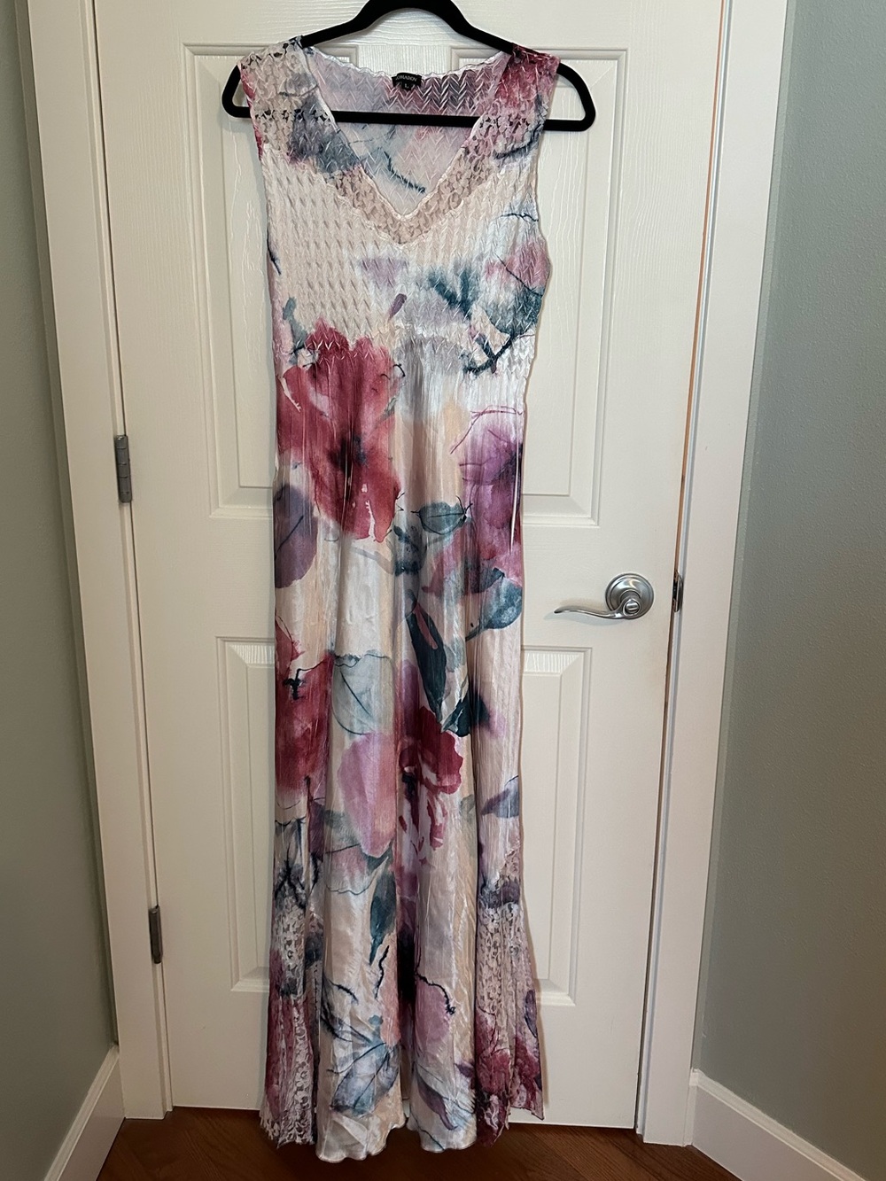 Komarov Floral Charmeuse Lace V-Neck Sleeveless Midi Dress L Romantic boho